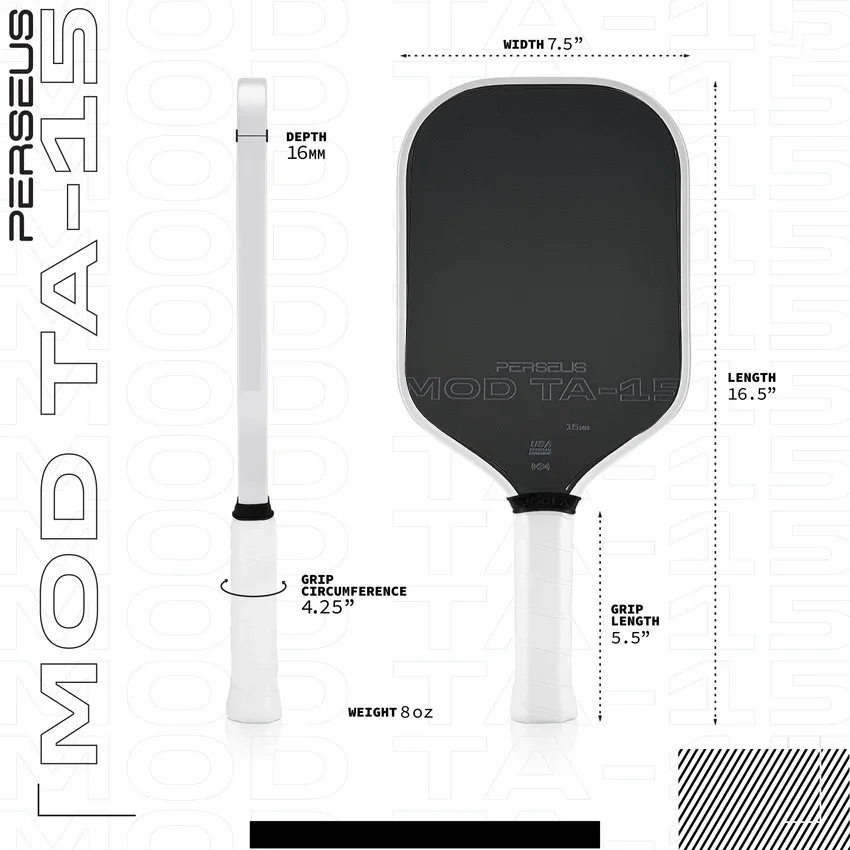 

BEN JOHNS PERSEUS MOD TA-15 T700 Карбоновая лопатка для пиклбола Фрикционная поверхность 16 мм Полимерный сердечник Улучшенная мощность, контактное и управление