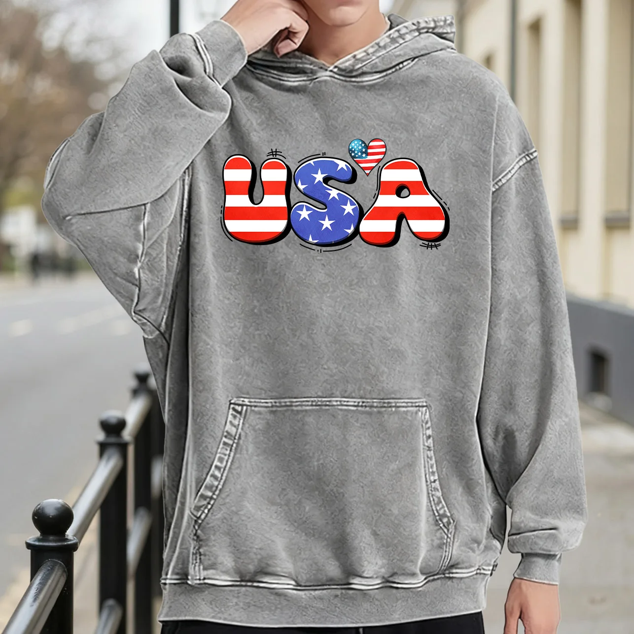 سترة بقلنسوة برسومات كلاسيكية مغسولة للرجال من Love USA، بلوفر ريترو المتعثر، سويت شيرت كاجوال ملابس الشارع