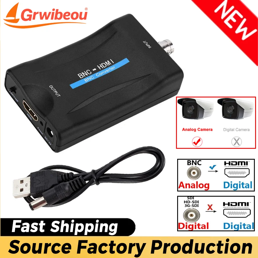 

Grwibeou BNC To HDMI-compatible Converter Composite BNC and Audio Input To HDMI Output Adapter 1080P/720P Display with Cable