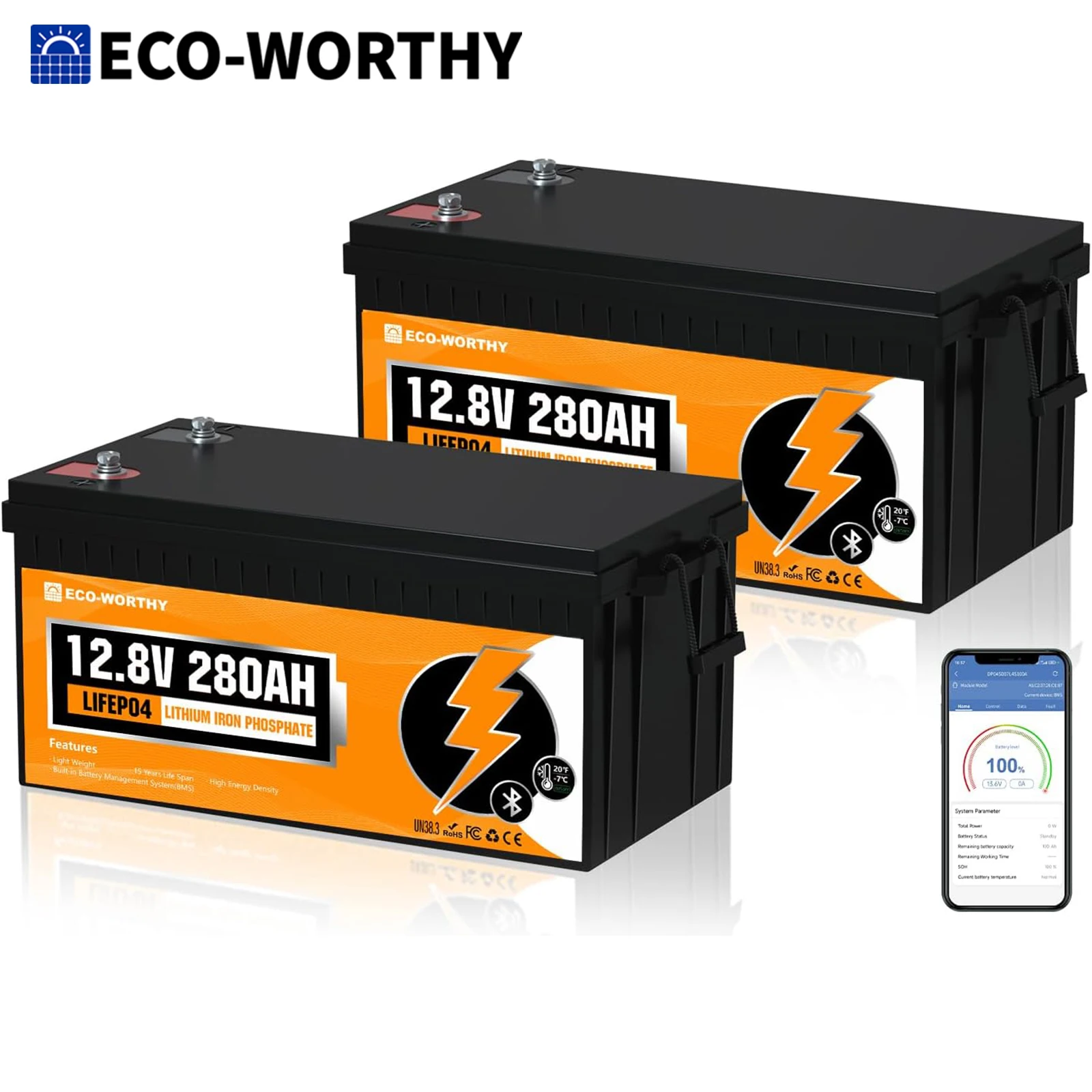 Batteries au lithium LiFePO4 ECO-WORTHY, 12 V, 280 Ah, avec Bluetooth, protection contre les basses températures, BMS 200 A intégré