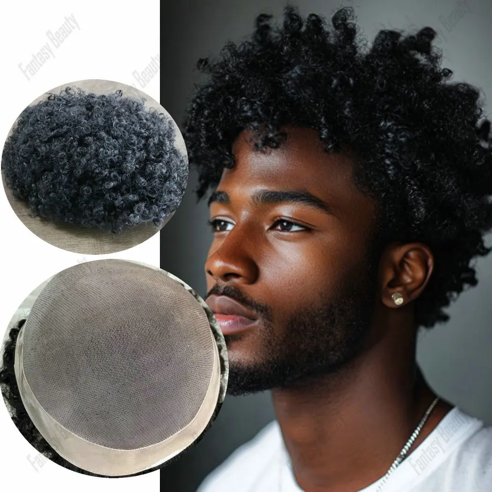 10mm/8mm/15mm African Curly Fine Mono NPU Men Toupee Breathable Replacement System Men's Hairpiece Natural Human Hair Prosthesis