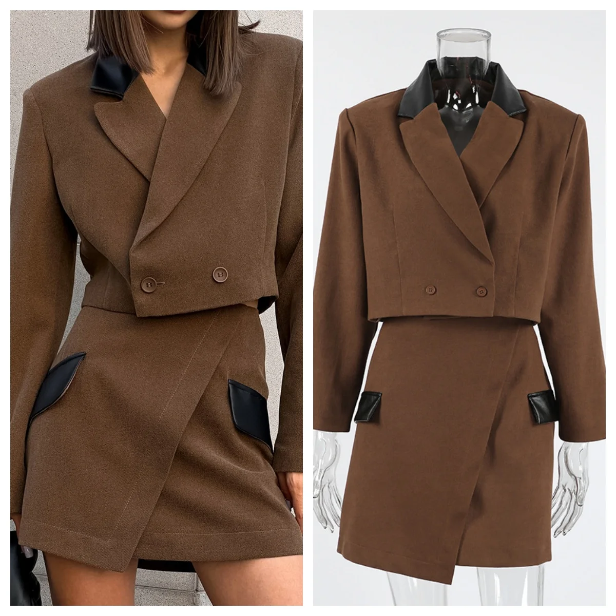 

Осень 2025 г., нерегулярный комплект из двух предметов для женщин, двубортное короткое пальто с лацканами и длинными рукавами, мини-юбка, костюм, женский новый