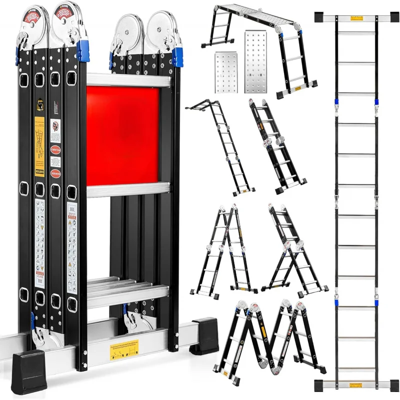 Ladder 7 in 1 Multi-Purpose Ladder Aluminium Extension Ladder 12Ft Folding Adjustable Telescoping Step Ladder Heavy Duty Ladders