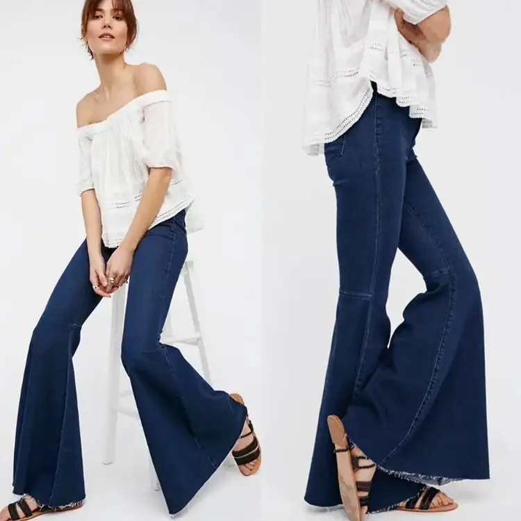 ارتفاع الخصر مطاطا الدينيم الجينز المرأة جرس بوت الرجعية Sle القطن مزيج بسط السيدات السراويل خريف شتاء الوافدين الجدد