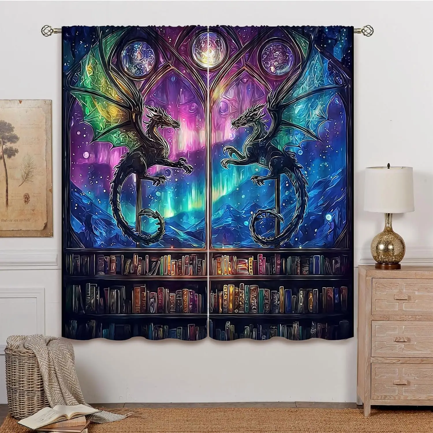 Stained Glass Dragon Rod Pocket Blackout Window Curtain 2 Panels Set,Waterproof Energy Saving Privacy Fantasy Magic Bookshelf