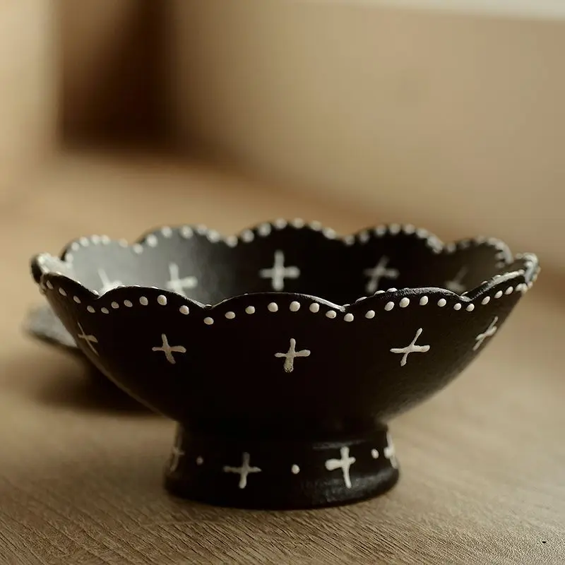 Heben Style Petal High Footed Bowl Texture Dessert Nut Salad Ceramic Bowl Vintage Round Shape Daily Use Cloud Sea Pattern