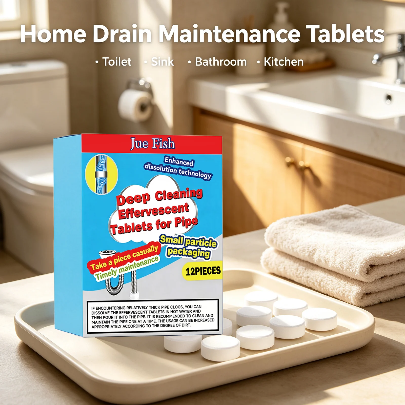 Jue Fish Pipe Cleaning Effervescent Tablets Dissolve Grease & Dirt Remove Blockages Eliminate Odors Sink Drain Cleaner Tablets view 2