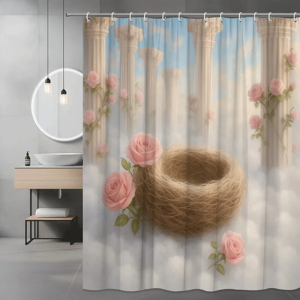 Polyester Floral Shower Curtain Pillars Roman Style Rose Pink Waterproof Bathroom Home Decor