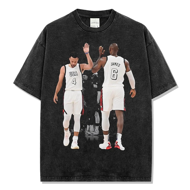 

Футболка с рисунком Acid Wash Stephen Curry & LeBron James High-Five, баскетбольные значки, большая повседневная мужская уличная футболка большого размера с принтом