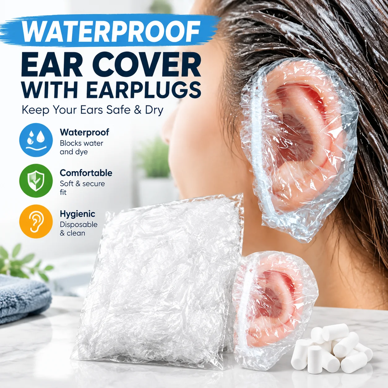 Waterproof Disposable Hair Dye Ear Cover with Earplugs for Shower Hairdressing Cleaning