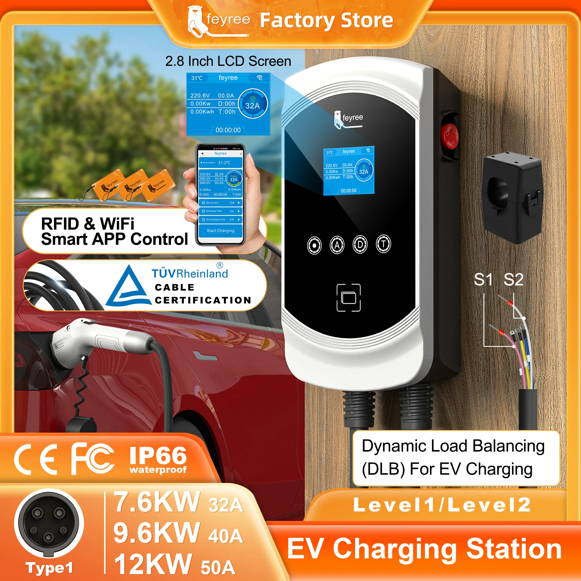 Feyree Control de aplicación y función DLB Type1 EV cargador 32A 7,6 kW 1P j1772 enchufe 40A 9,6 kW 50A 12 kW EVSE Wallbox para vehículo eléctrico