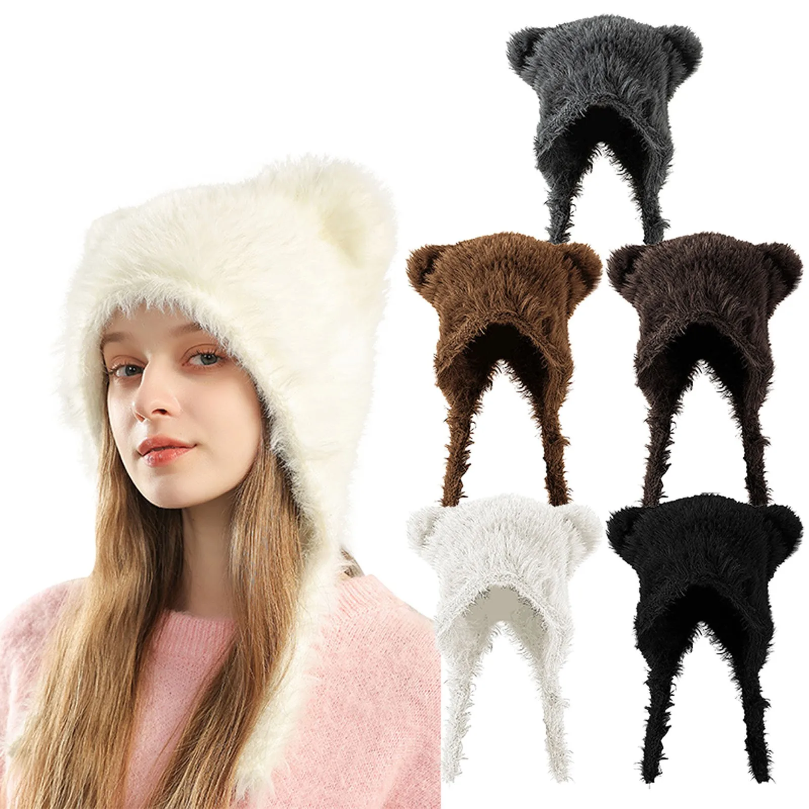 Women's Winter Hat Cute Bear Ear Design Artificial Rabbit Pelt Liner Windproof And Warm Suitable For Autumn And Winter