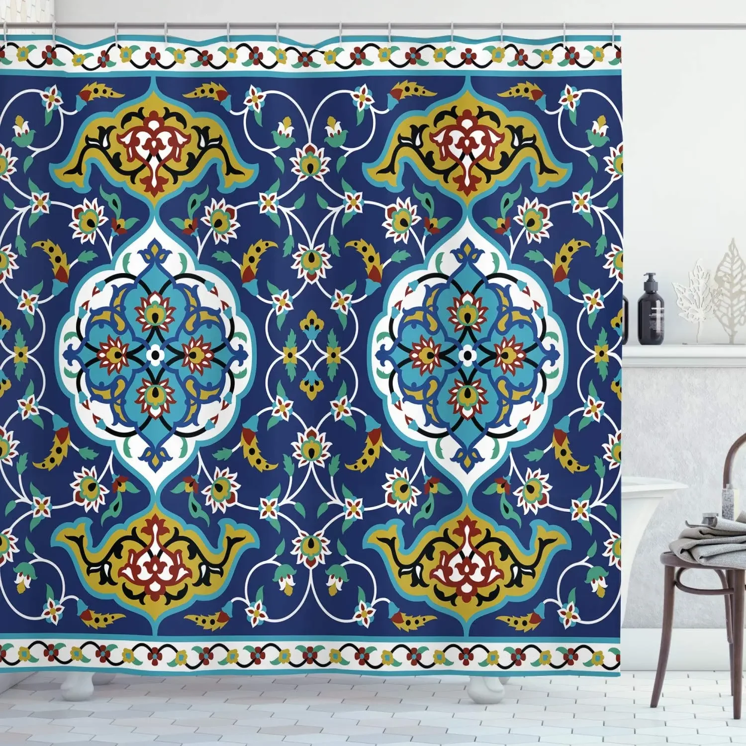 Motif with Vintage Byzantine Style Tile Effects Artwork Cloth Fabric Bathroom Decor Set with Hooks