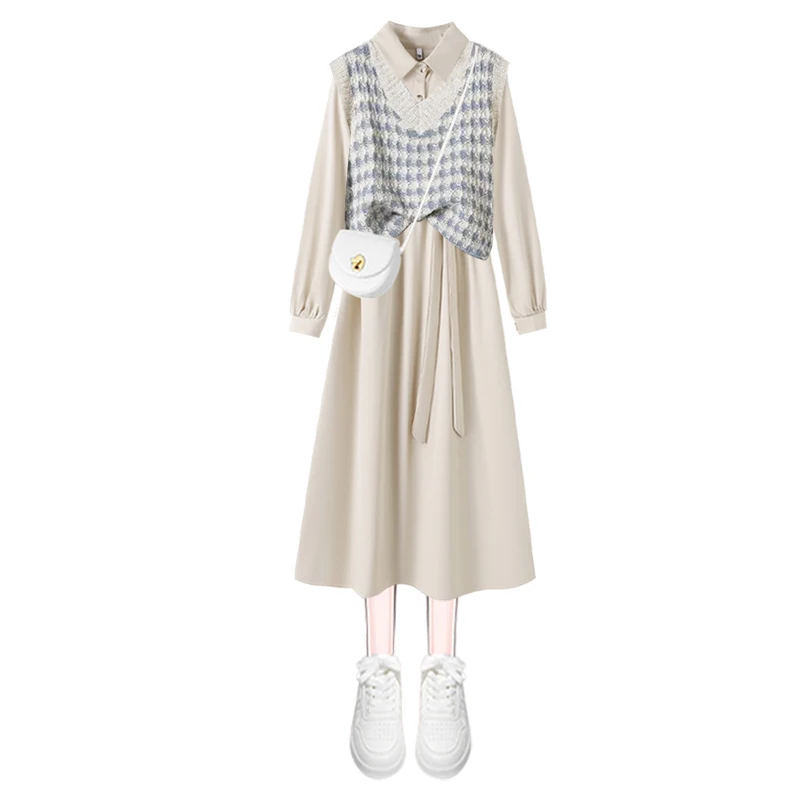 เสื้อสเวตเตอร์ถักไหมพรมสไตล์เกาหลี รุ่นสปริงใหม่ ดีไซน์เรียบหรู ชุดเซ็ตสองชิ้นสำหรับผู้หญิง กระโปรงทรงเอไลน์ ดีไซน์ U-Shape