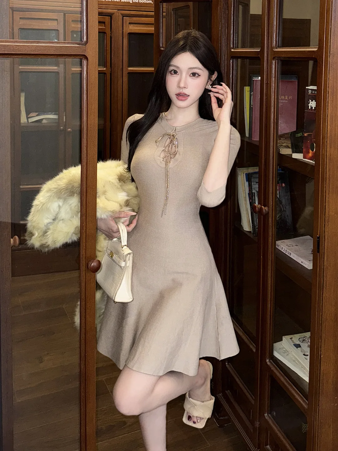 Nueva primavera otoño Sexy Y2K caqui de manga larga ceñido al cuerpo Mini vestido de mujer recortado vendaje arco apretado Club fiesta graduación vestidos de fondo