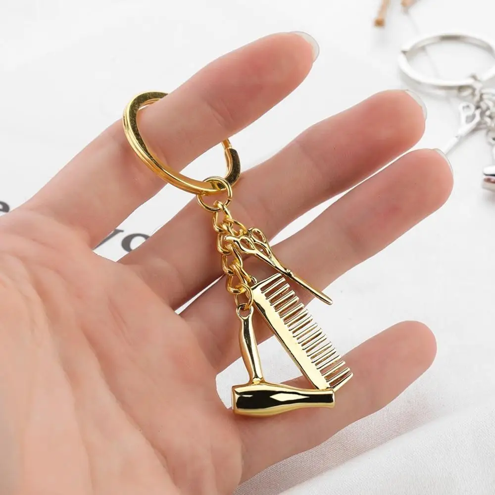 Creative Hairstylist Tool Keychain Metal Hair Dryer Scissors Comb Keyring for Women Men Bag Pendant Accessories Hairdresser Gift