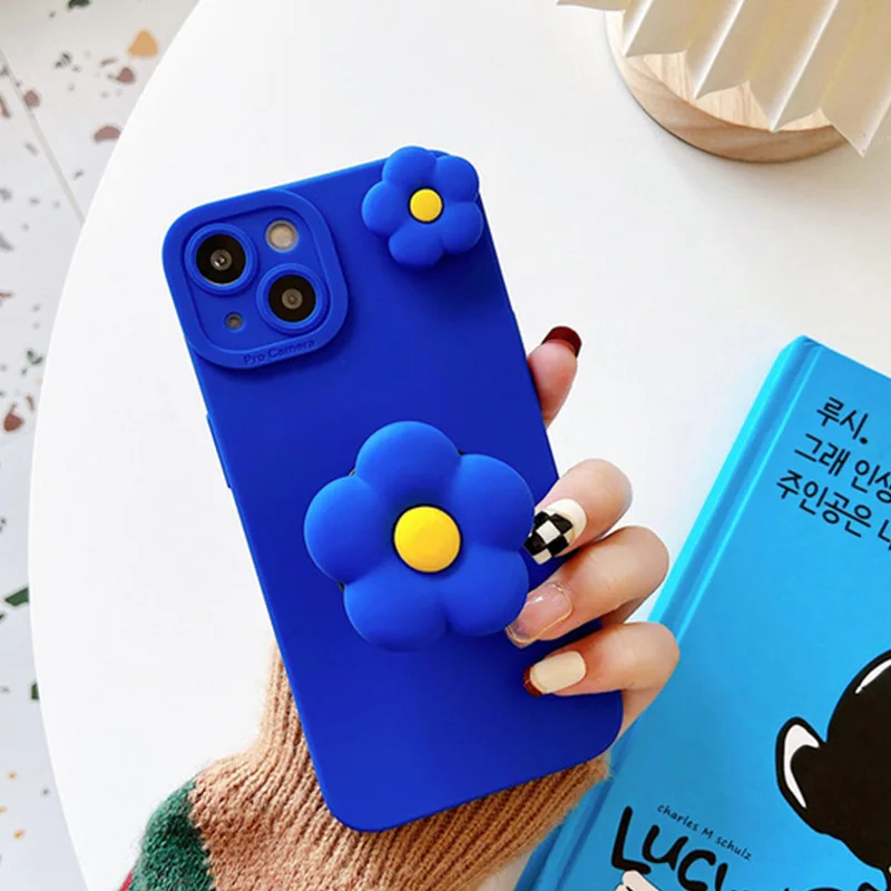 Korea 3D Flower Holder Stand Cover for Xiaomi Redmi Note 5 6 7S 8T 9S 9T 9 Pro Max 10S 10T Protective Soft Klein Blue TPU Case