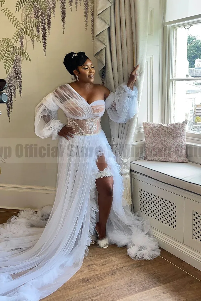 African White Wedding Dress Bridal Shower Robe Dress Sweetheart Long Sleeves Side Split Ruched Ruffles Bride Robe Customzied