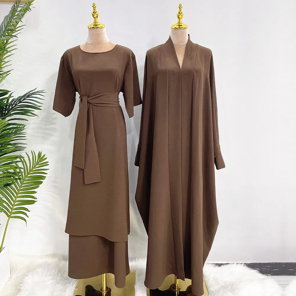 Conjunto Abaya Aberto de Duas Peças para Mulheres Muçulmanas, vestido Dubai Hijab, roupas islâmicas, Abayas Monocromáticas, vestidos Ramadan, Eid