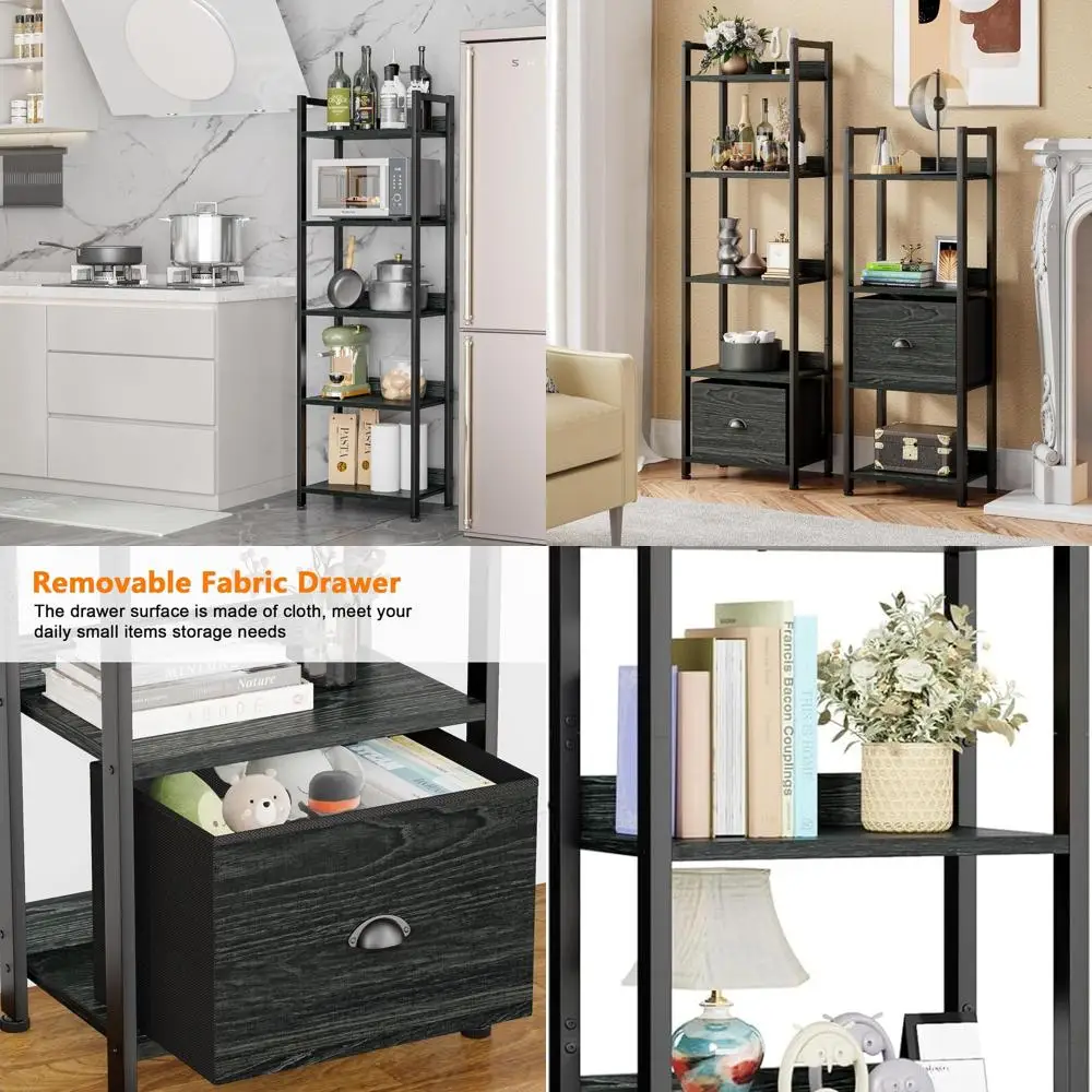 

5-Shelf Bookcase with Drawer, Kitchen Storage Rack, Slim Tall Bookshelf, Metal and Wood Display Stand, Bedroom & Living Room Bla