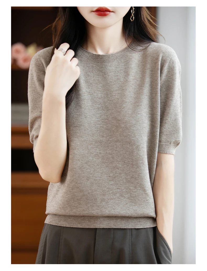 First-Line Ready-To-Wear Sweater Women's 100 Pure Wool Knitted Short-Sleeved T-Shirt Round Neck Thin Sweater Loose Half-Sleeve