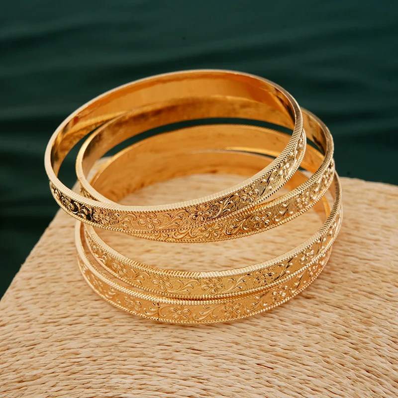 Gold Color Middle East Flower Carved Hand Bangles Arabic Dubai Bridal Charm Bracelet Metal Jewelry Accessory for Women