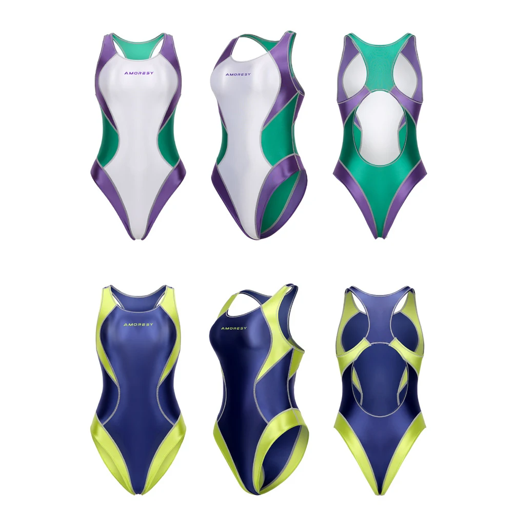 AMORESY Damen Hot Spring Glänzender Öl-Patchwork-Spandex-Body Rückenfreier Sanduhr-Leotard Einteiliger Badeanzug Wettkampf-Schwimmanzug – Detail 33