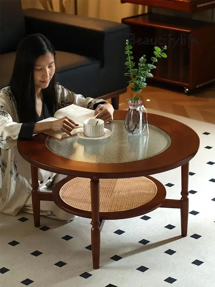 N47 Japanese-style solid wood rattan cherry edge coffee table living room balcony household small apartment double glass round