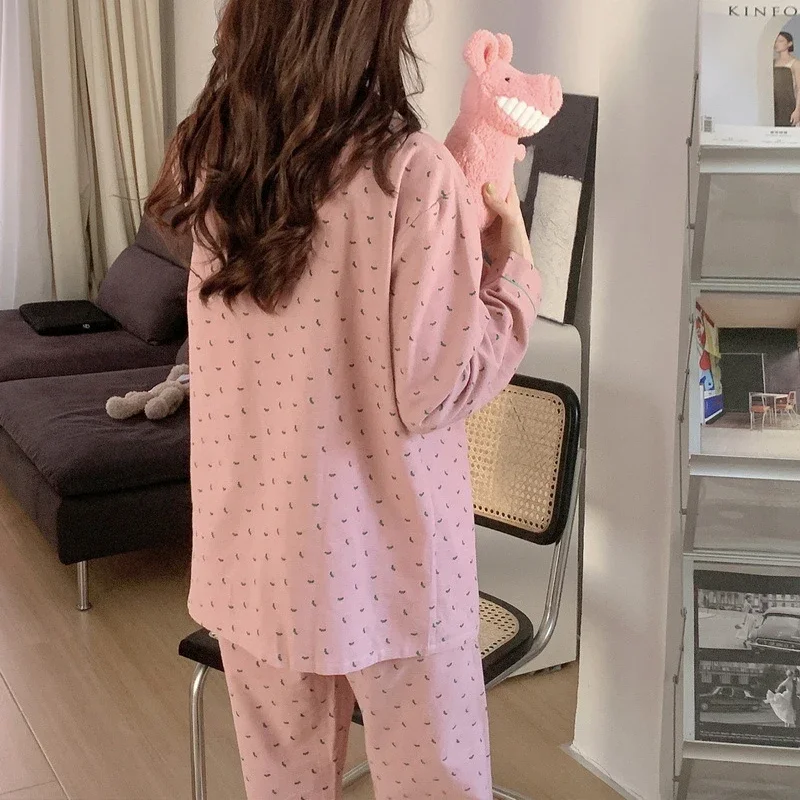 Cotton Sleepwear Korean Pajamas Women Summer Cute Heart Print Pyjamas Long Sleeve Pijama Female Set Negligee Cardigan Suit