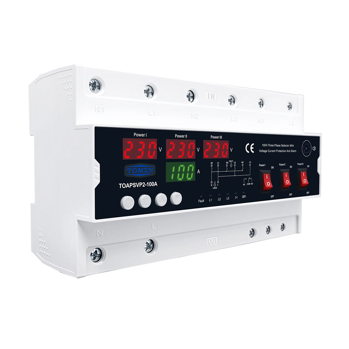 TOMZN High-current 100A 3*230V AC 3 Phase Selector Voltage Current Protection Alarm 3 Input 1 Output Cut Off L N U-I Dispaly