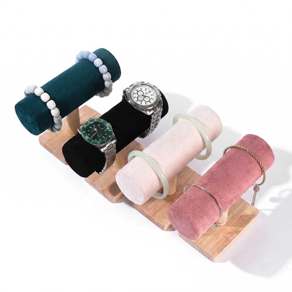 

Wooden Velvet T-Bar Bracelet Watch Display Stand, Jewelry Holder Organizer for Bangles, Watches and Necklaces