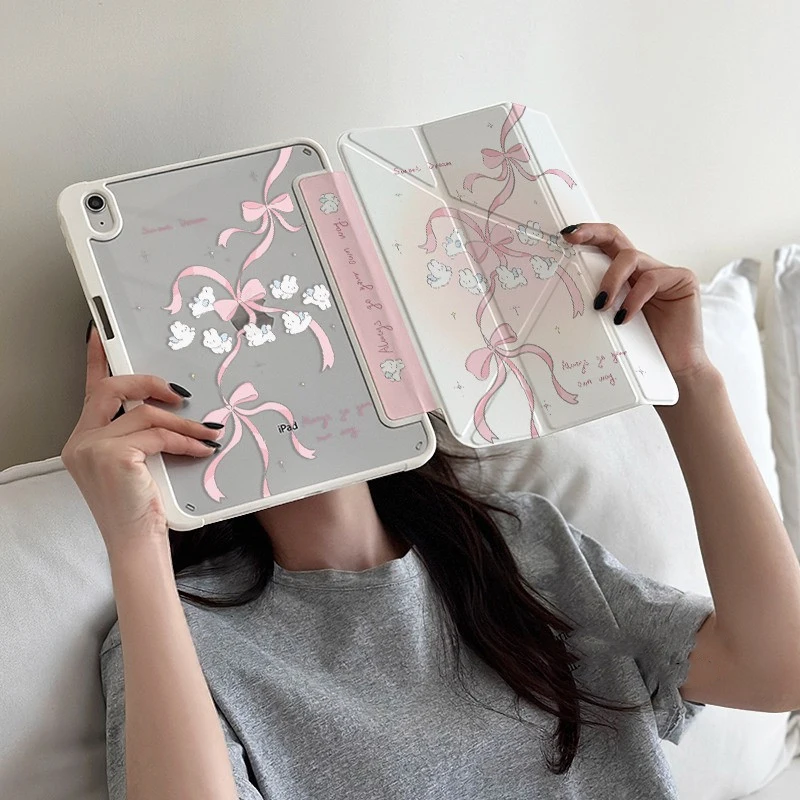 Cute Cartoon Pink Ribbon Rabbit Funda 3+Y Fold Case For Samsung S8 S9 S11 FE S6 Lite Tablet Case 10S 11/ S8+/ S6 Lite / A78 Case