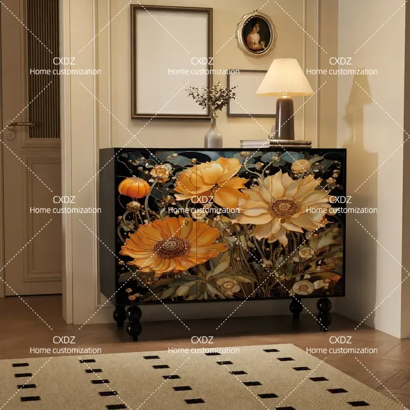 French Medieval Style Custom Painted Multi Functional Shoe Cabinet Solid Wood Dining Sideboard Storage for Restaurant Club