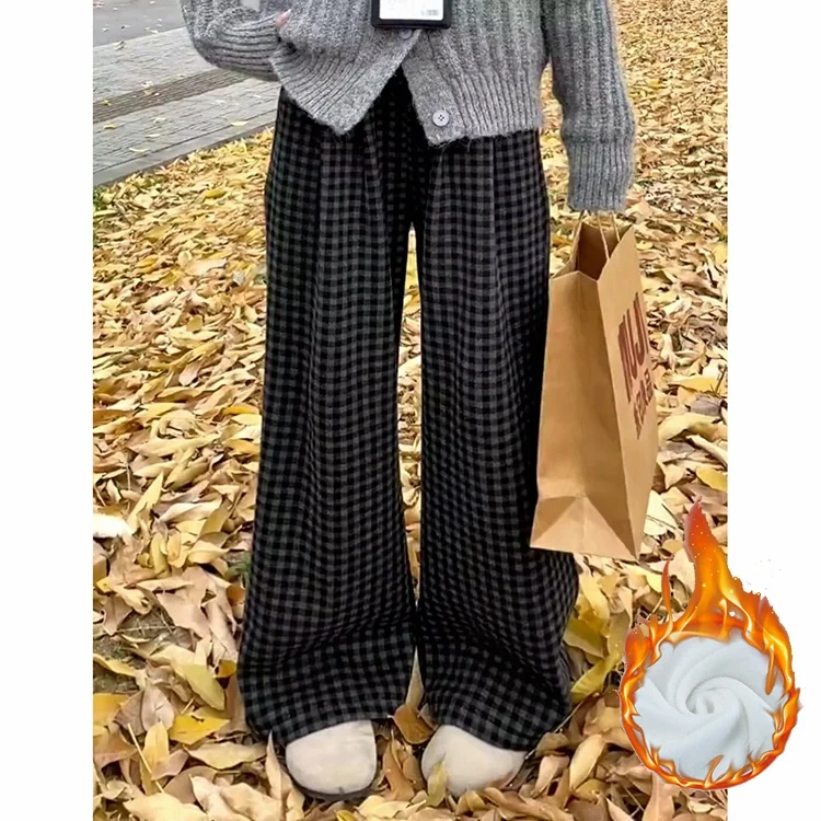 ay Retro Thiened Fce High Waist Plaid Wide Leg Pants Women's Autumn Winter New Sle Loose Fit High Waist Small Size