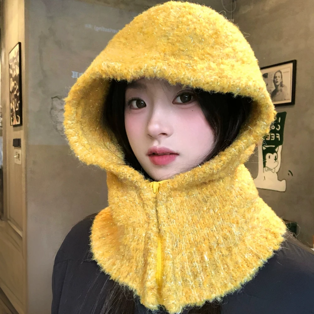 Winter Women Zipper Simple Balaclava Hat Warm Solid Color Cold Resistant Hat Outdoor Scarf Hat Integrated Knit Cap