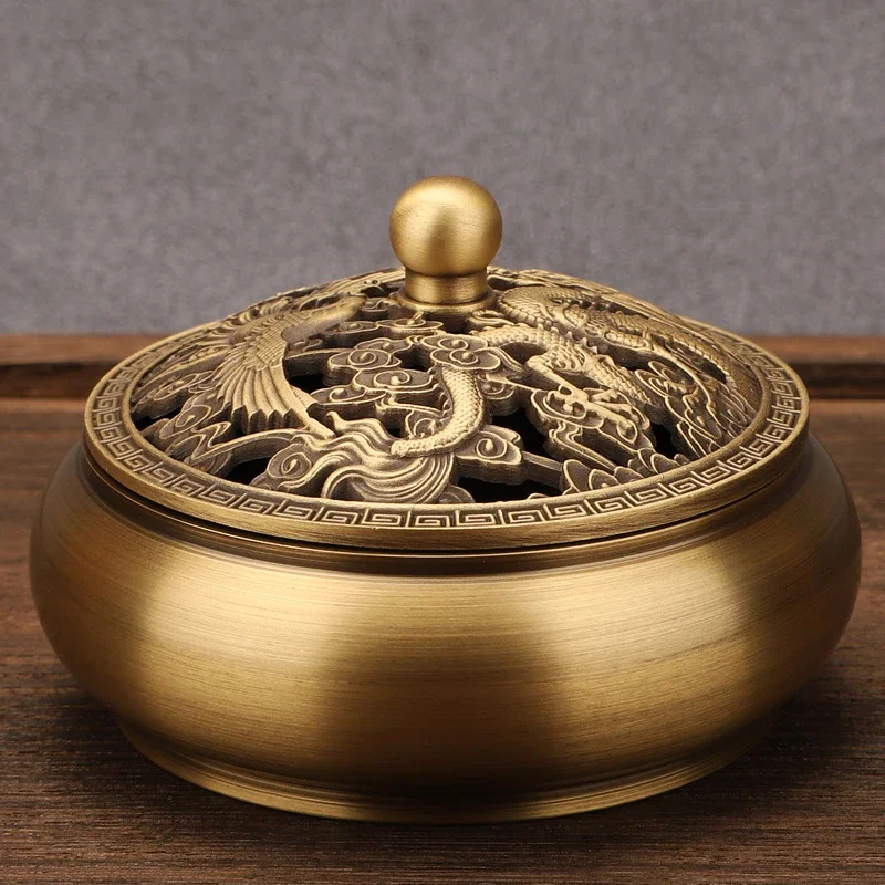 Beautiful Dragon and Phoenix Carved Copper Incense Burner Brass Incense Holder with Cover Sandalwood Round Censer Home Decor