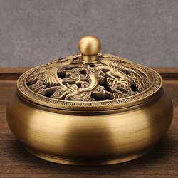 Beautiful Dragon and Phoenix Carved Copper Incense Burner Brass Incense Holder with Cover Sandalwood Round Censer Home Decor