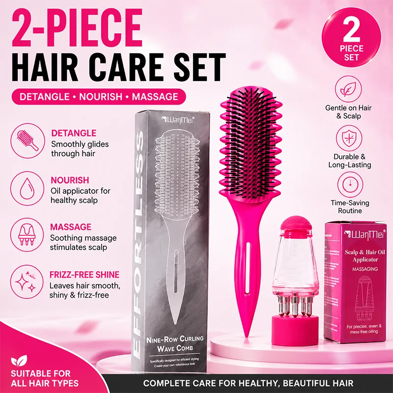2PCS Hair Care Set Detangling Brush with Scalp Oil Applicator Head Massager Comb Anti Frizz Curly Thick Wet Dry Hair Tools