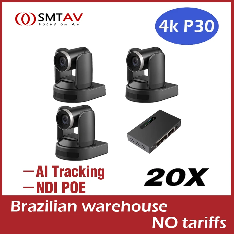 Combination Sales SMTAV 3PCS AI Tracking 4K NDI 20X Camera SDI USB PTZ Camera HDMI IP Support POE Gift POE Switch