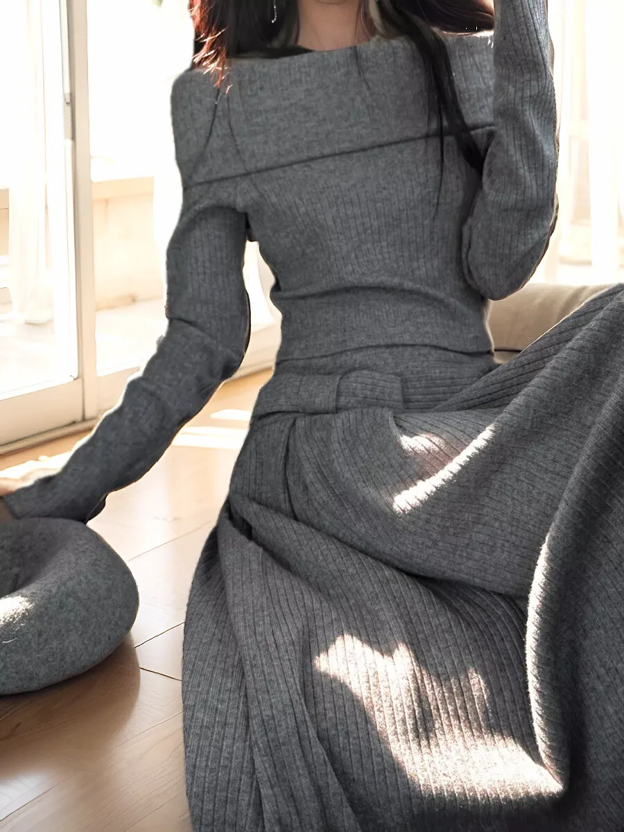 Moda duas peças conjunto de saia feminina roupas cinza slash neck fora do ombro pullovers cintura alta saias longas roupas casuais terno de malha