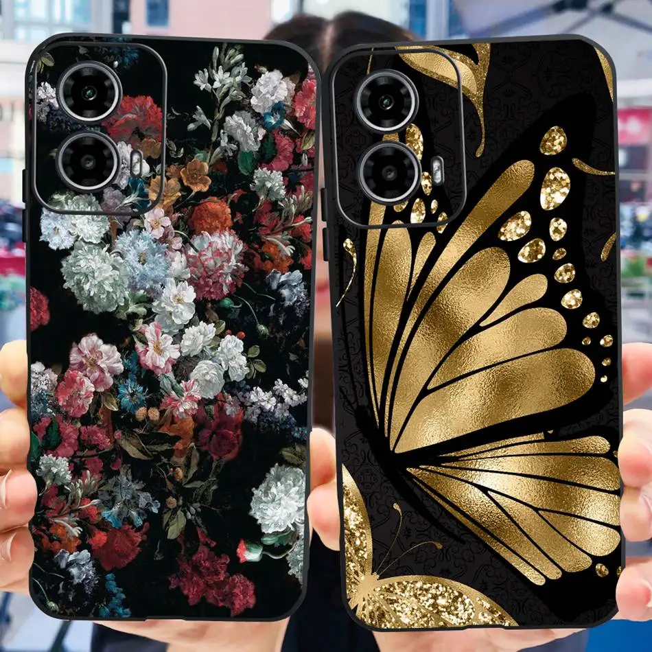 For Motorola Moto G34 Elegant Flower Butterfly Painted Black Silicone Case For MotoG34 G 34 5G XT2363-2 Soft TPU Phone Cases