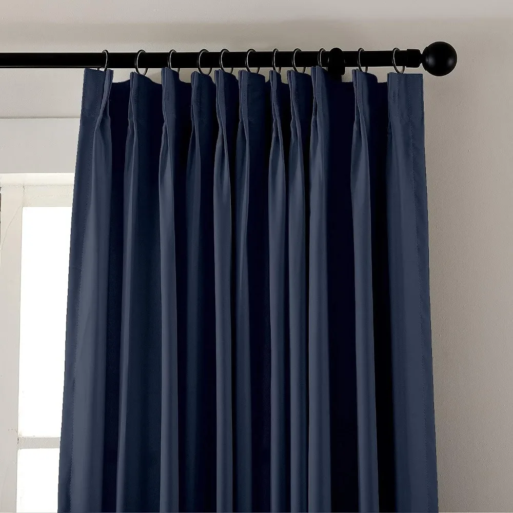 Navy Blue Double Pinch Pleated Curtains with Hooks for Living Room, Bedroom, and Bungalow, 96 Inch Wide Window Curtains Measurem