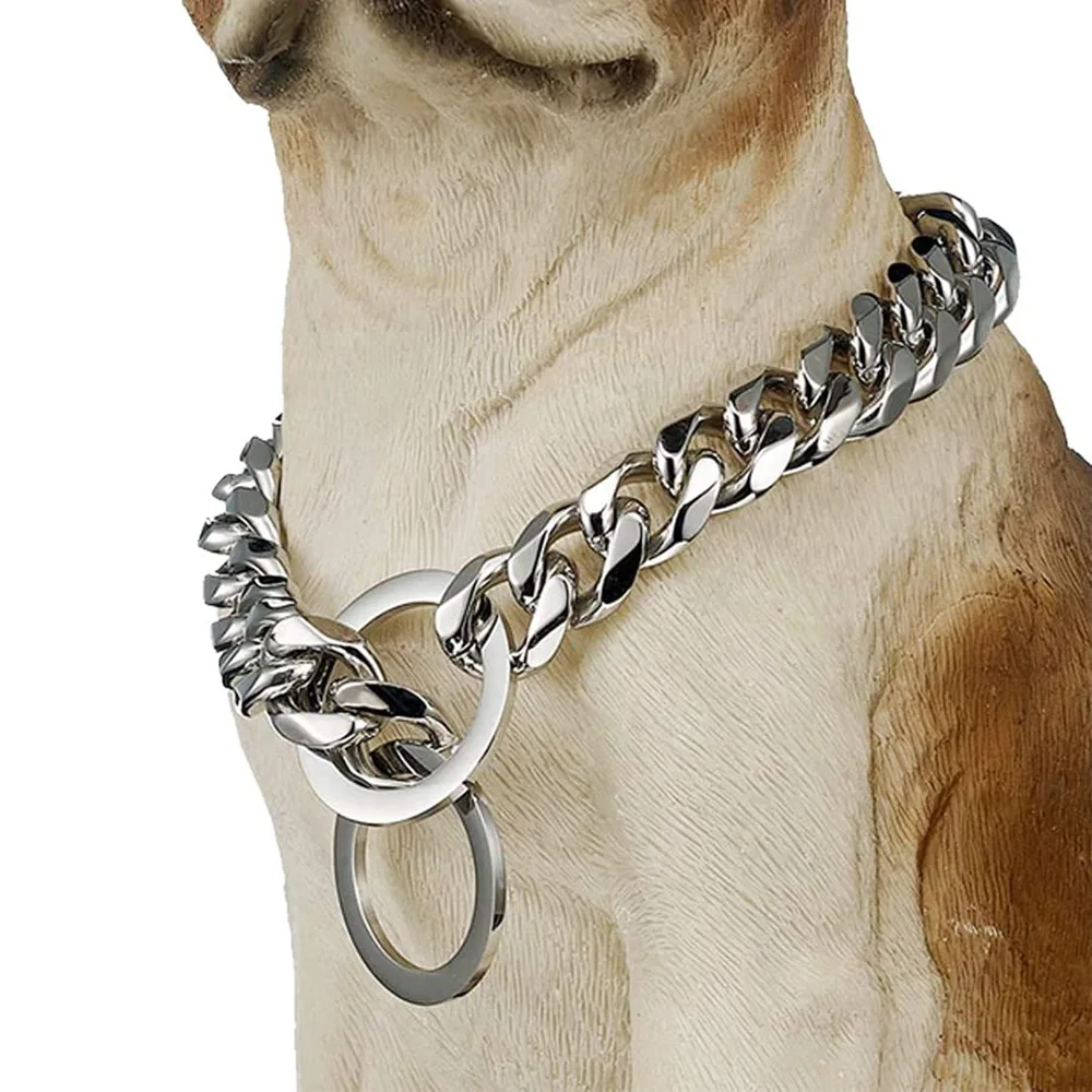 Collar de cadena para perro, cadena de eslabones cubanos de 15MM de ancho dorado plateado para perros, cadena antideslizante de entrenamiento de mascotas de Metal de acero inoxidable liso fuerte