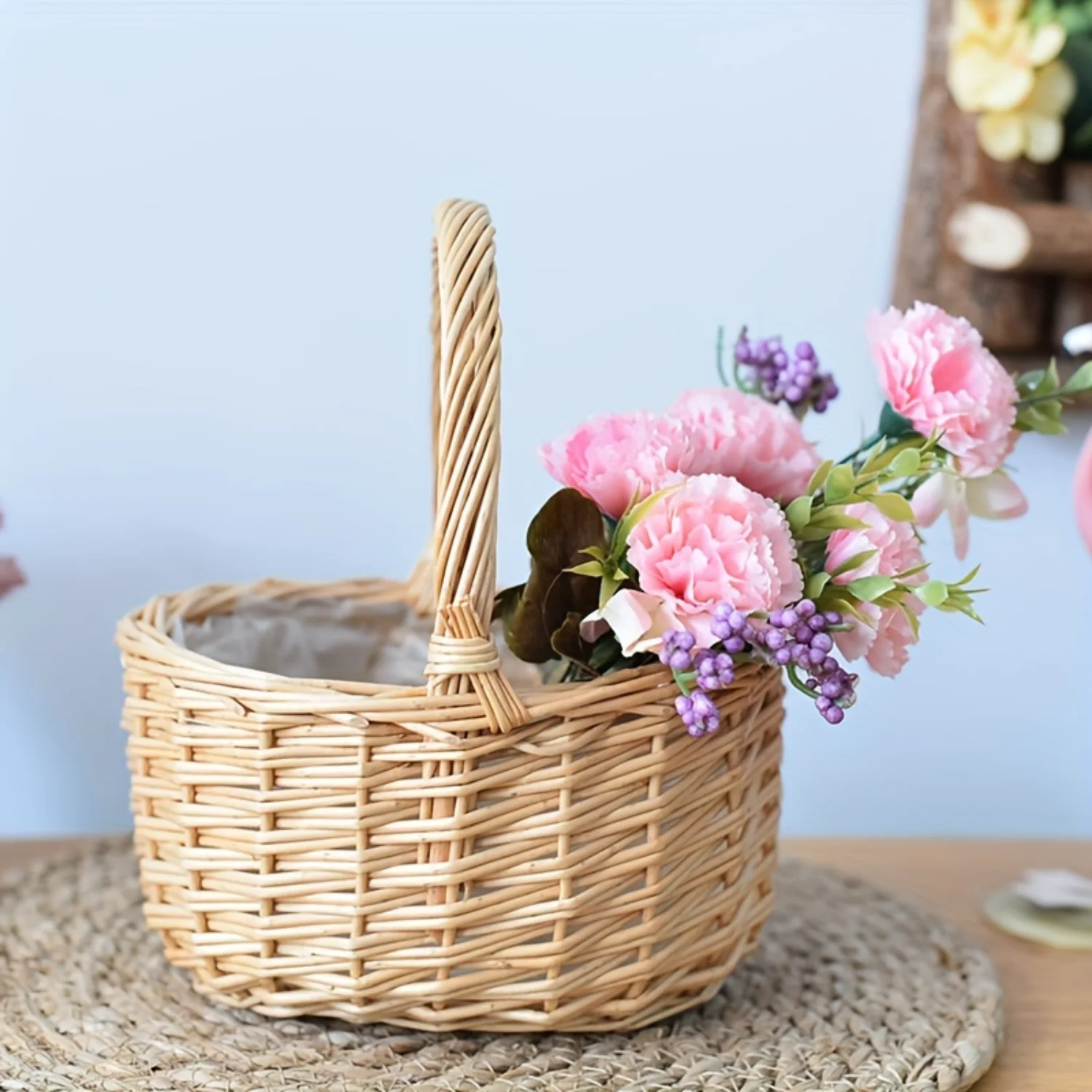 Handwoven Rattan Shelf Basket with Handle - Multi-Use Flower, Plant, and Egg Organizer - Decorative Wicker Basket for Home and G