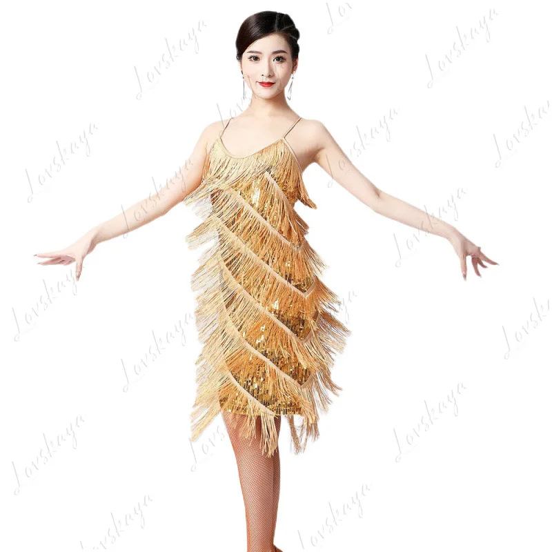 Latin dansfeestjurk met V-hals en ruches met lovertjes en bandjes Stage Performance-kostuum voor dames