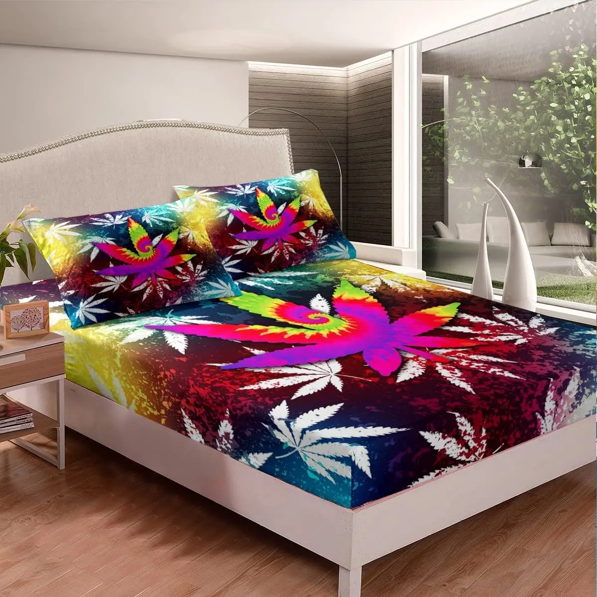 Trippy Cannabis Leaves Fitted Sheet Tie Dye Bed Cover Boho Style Marijuana Weed Print Bedding Sets,Colorful Leaves for Boys Girl