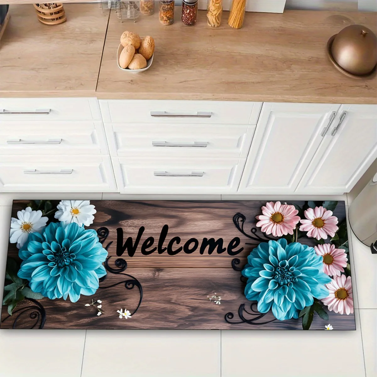 

"Welcome" Floral Wood Print Kitchen Mat, Non-Slip Washable Durable Runner Rug for Kitchen, Bathroom, Laundry Room Decor