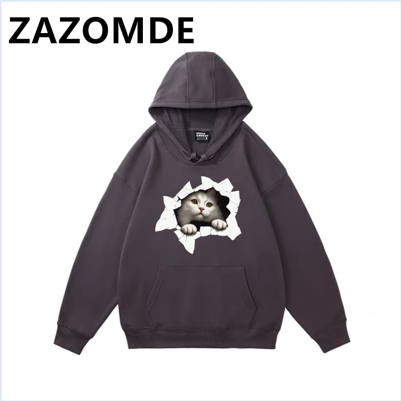 ZAZOMDE New Cute Cat Print Hooded Drawstring Pullover Sweatshirt Top Man Warm Hoodie Autumn Winter Hip Hop Streetwear Hoody Men