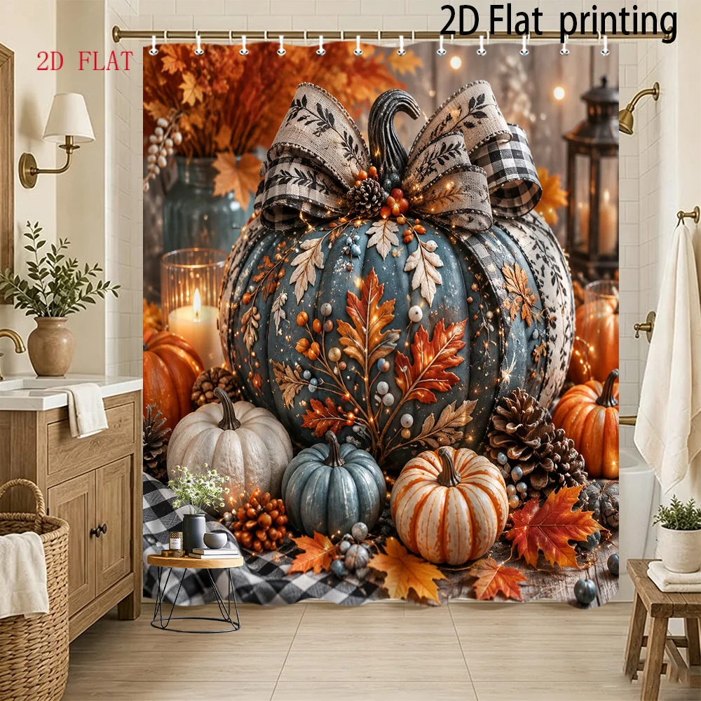 Autumn Harvest Pumpkin Fall Bathroom Shower Curtain Seasonal Decor Farmhouse Style Autumn Leaves