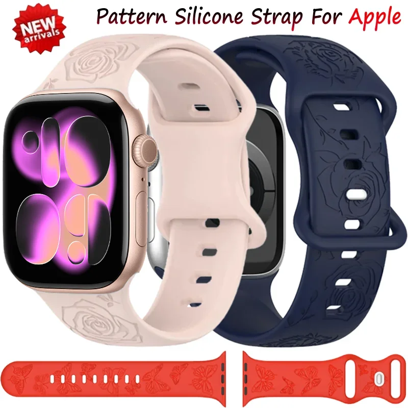 Silicone Strap For Apple Watch 11 10 9 8 7 6 5 4 SE Engraved Pattern Wristband For iWatch Ultra 3 49mm 45mm 41mm 44/40mm 42/46mm